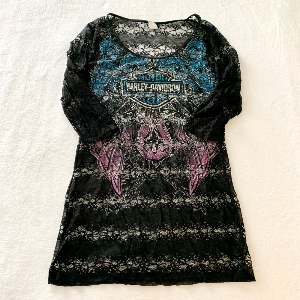 Harley-Davidson Sheer Lace Graphic Tunic Womens Size M Black Biker Y2K HD106BLK